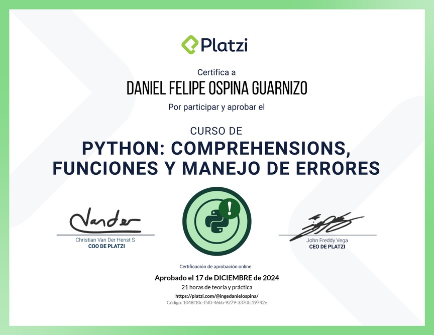 Diploma del Curso de Python: Comprehensions, Funciones y Manejo de Errores