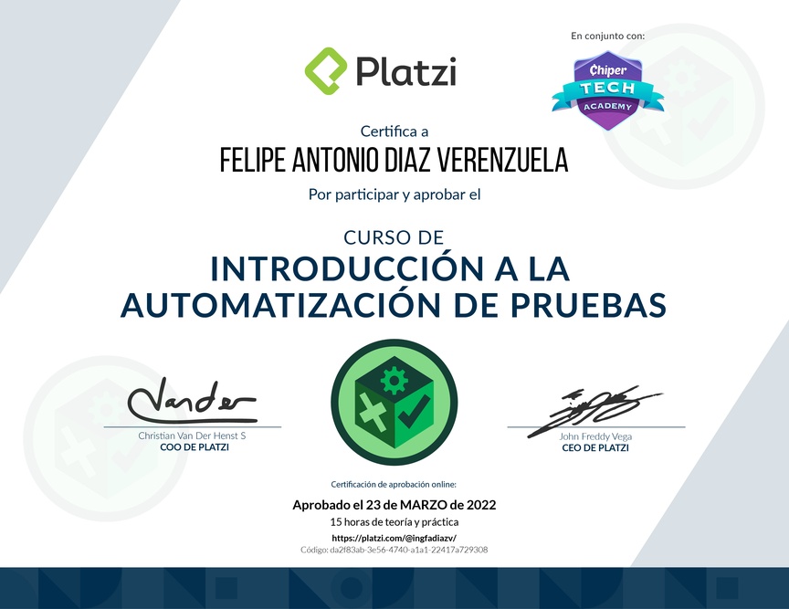 Diploma del Curso de Introducción a la Automatización de Pruebas