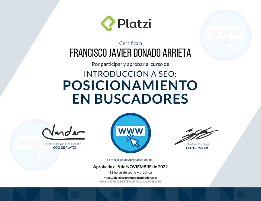 Diploma del Curso de Introducción a SEO: Posicionamiento en Buscadores