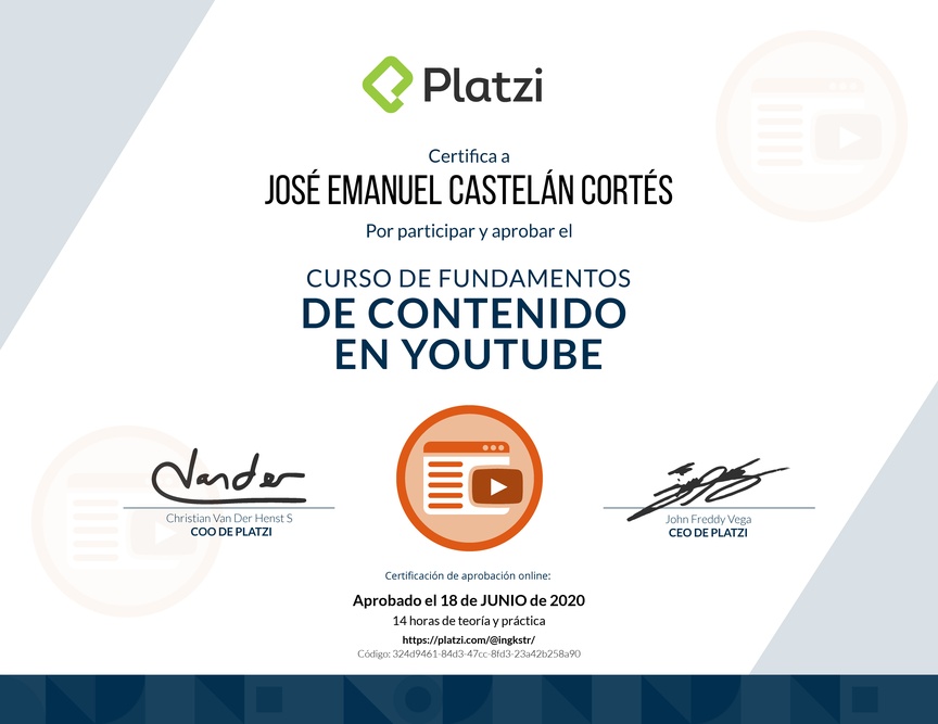 Diploma del Curso de Fundamentos de Contenido de YouTube