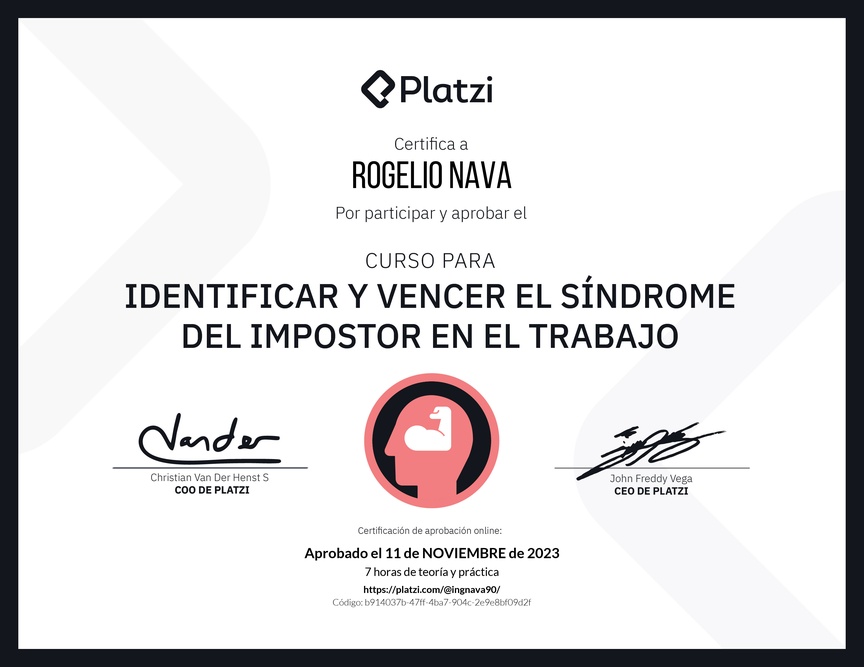 Diploma del Curso para Identificar y Vencer el Síndrome del Impostor