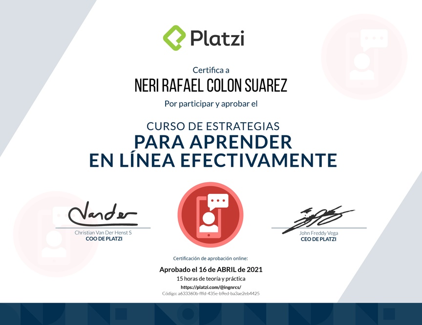 Diploma del Curso de Estrategias para Aprender en Línea Efectivamente 2019