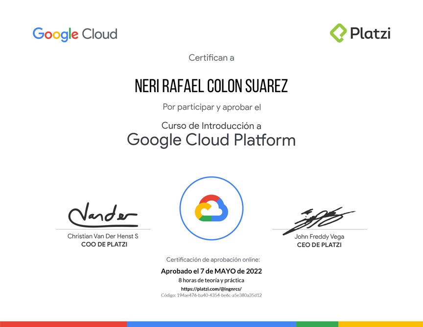 Diploma del Curso de Introducción a Google Cloud Platform