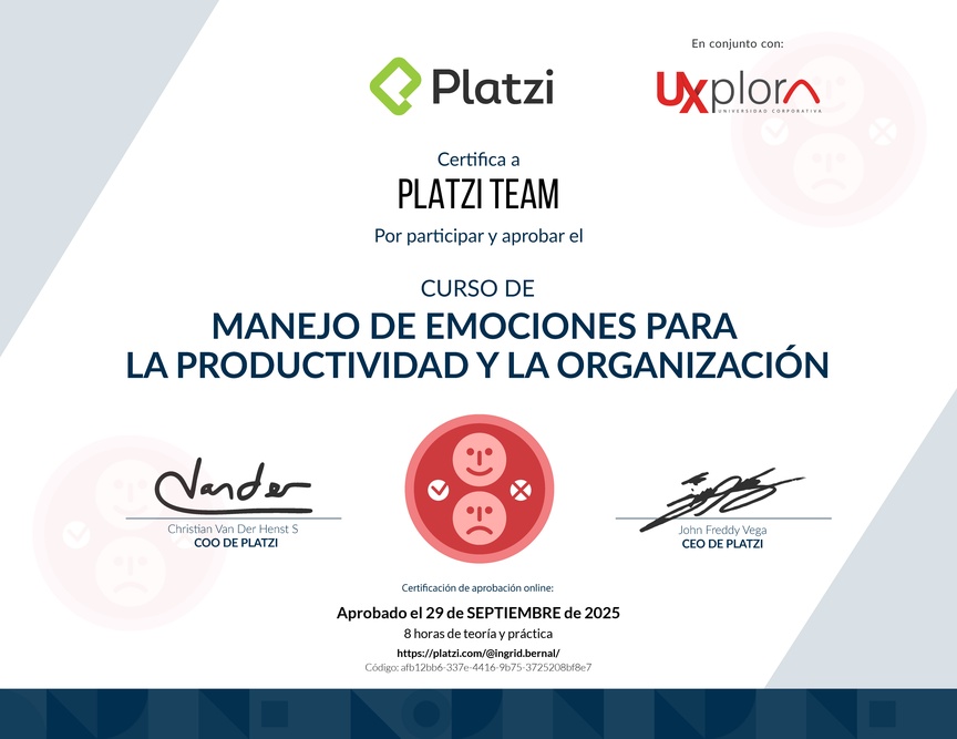 Diploma del Curso de Manejo de Emociones para la Productividad y la Organización