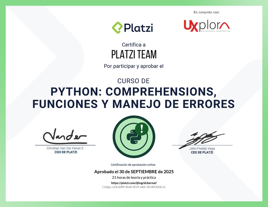 Diploma del Curso de Python: Comprehensions, Funciones y Manejo de Errores