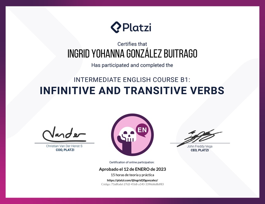 Diploma del Curso de Inglés Intermedio B1: Verbos Infinitivos y Transitivos (2021)
