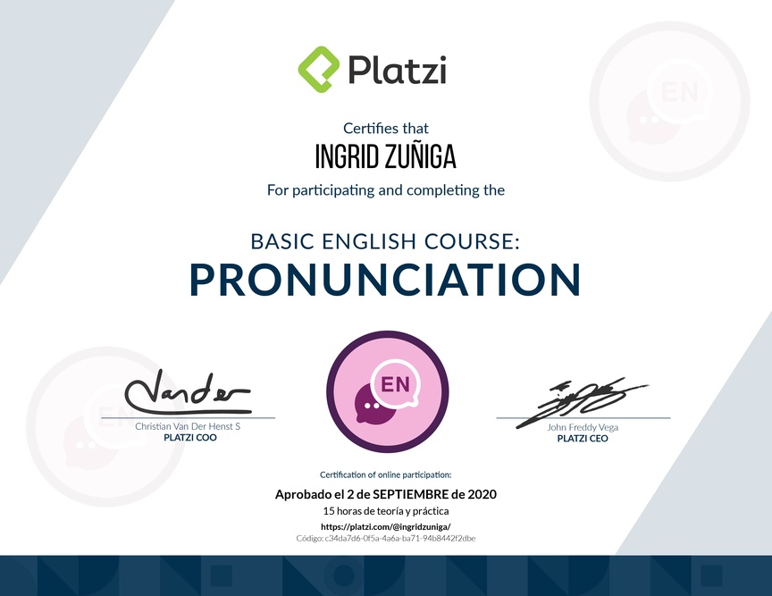 Diploma del Curso de pronunciación básica en Inglés 2020