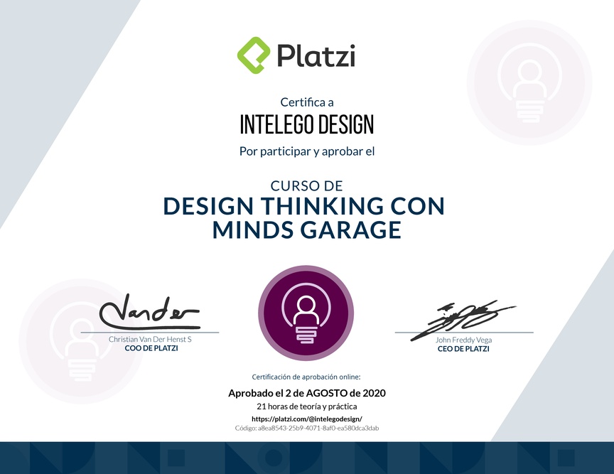 Diploma del Curso de Design Thinking con Minds Garage