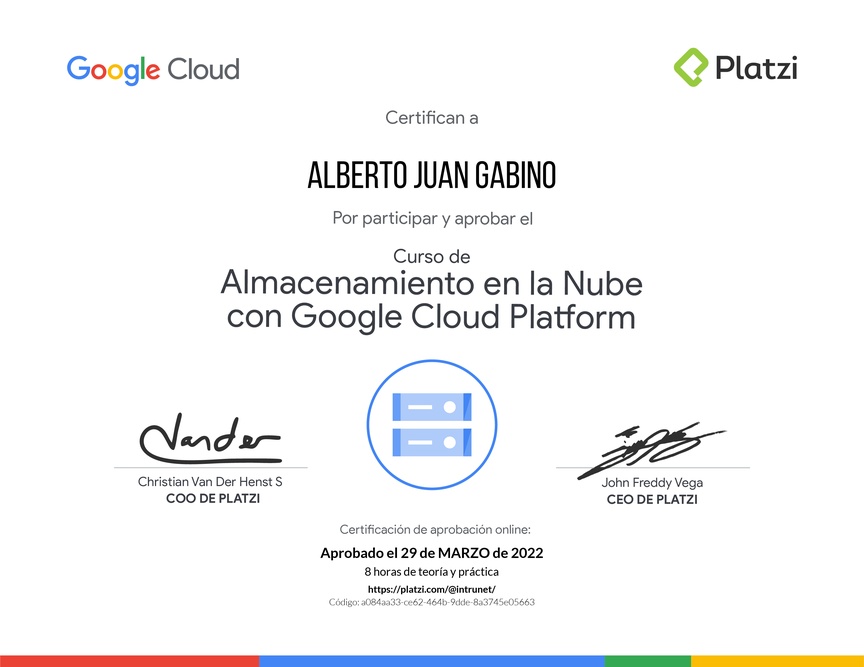 Diploma del Curso de Almacenamiento en la Nube con Google Cloud Platform
