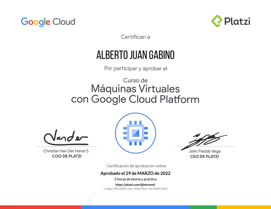 Diploma del Curso de Máquinas Virtuales con Google Cloud Platform