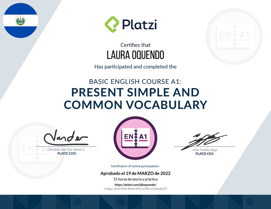 Diploma del Curso de Inglés Básico A1: Presente Simple y Vocabulario Común (2021)
