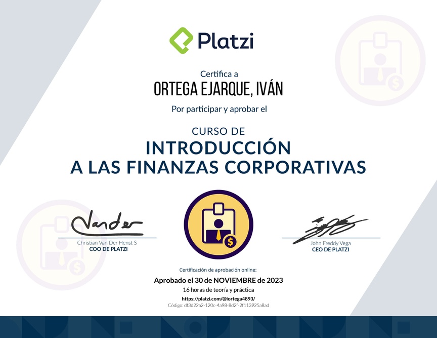 Diploma del Curso de Introducción a las Finanzas Corporativas
