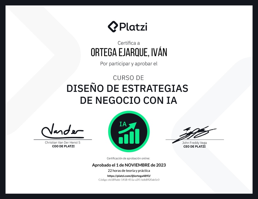 Diploma del Curso de Diseño de Estrategias de Negocio con Inteligencia Artificial: Optimización y Personalización