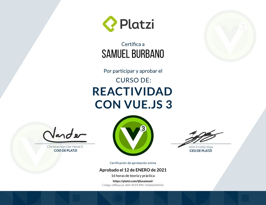 Diploma del Curso de Reactividad con Vue.js 3