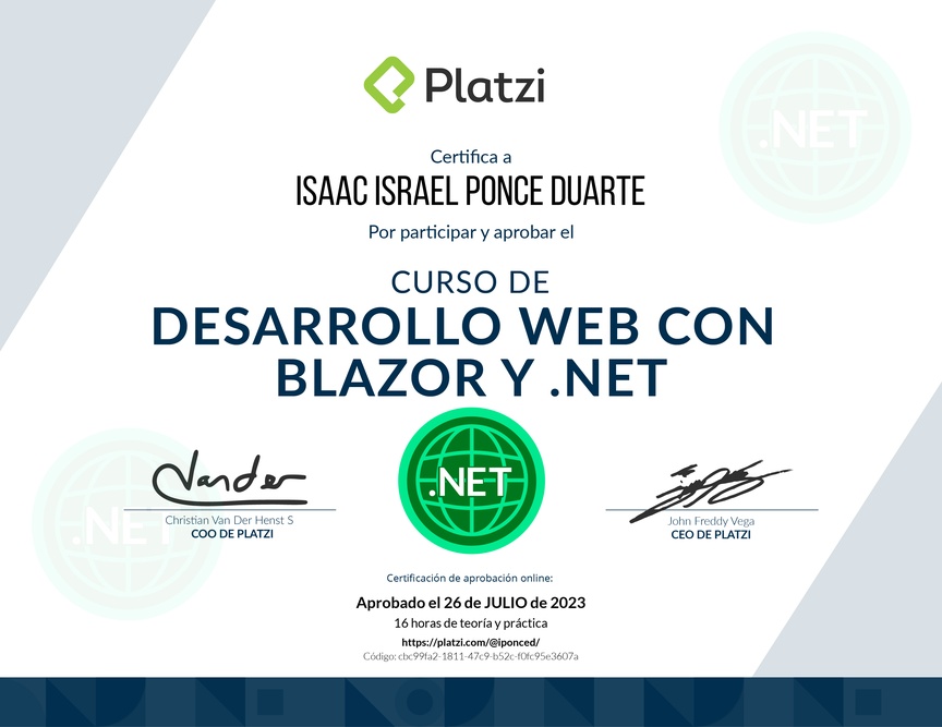 Diploma del Curso de Desarrollo Web con Blazor y .Net Core 3