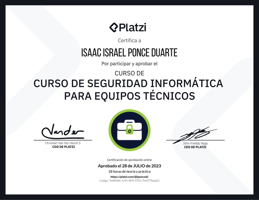 Diploma del Curso de Seguridad Informática para Equipos Técnicos