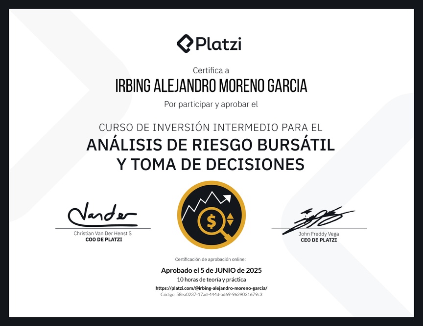Diploma del Curso de Inversión Intermedio para el Análisis de Riesgo Bursátil y Toma de Decisiones