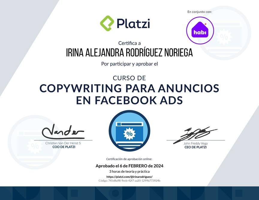 Diploma del Curso de Técnicas de Copywriting para Facebook Ads