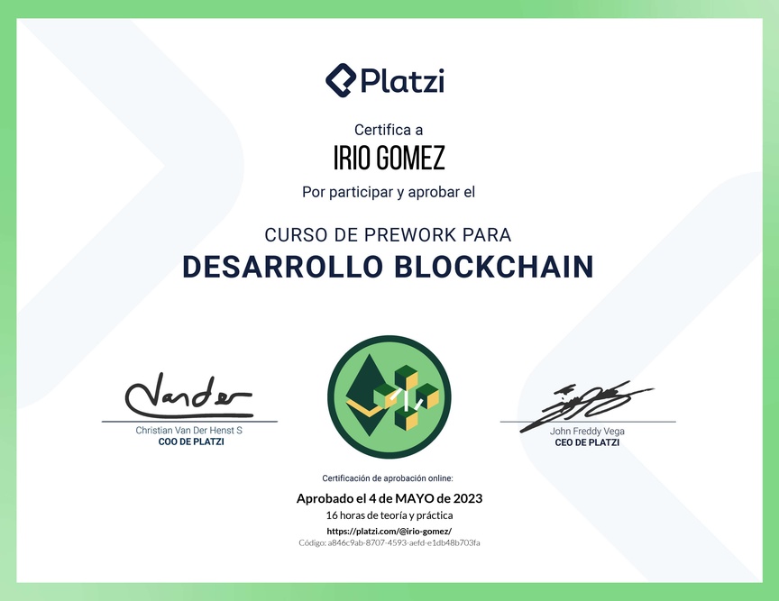 Diploma del Curso de Prework para Desarrollo de Aplicaciones Blockchain