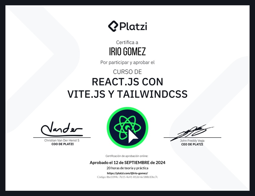 Diploma del Curso de React.js con Vite.js y TailwindCSS