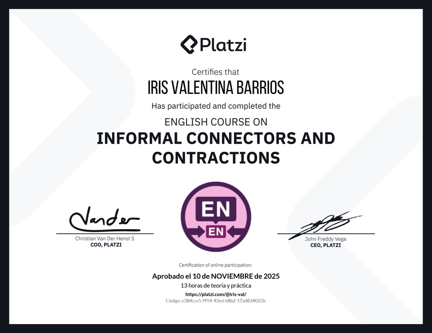 Diploma del Curso de Conectores y Contracciones Informales en Inglés