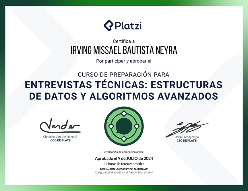 Diploma del Curso de Entrevistas Técnicas: Estructuras de Datos y Algoritmos Avanzados