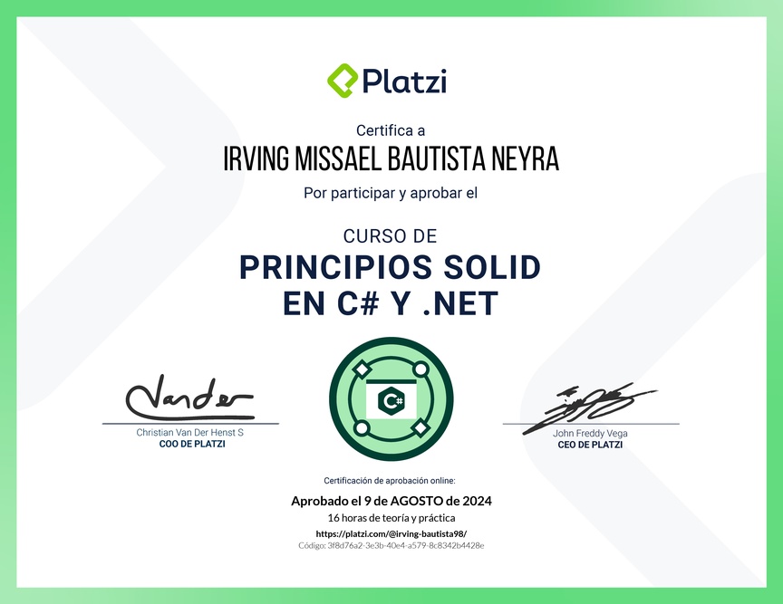 Diploma del Curso de Principios SOLID en C# y .NET