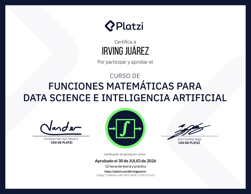 Diploma del Curso de Funciones Matemáticas para Data Science e Inteligencia Artificial