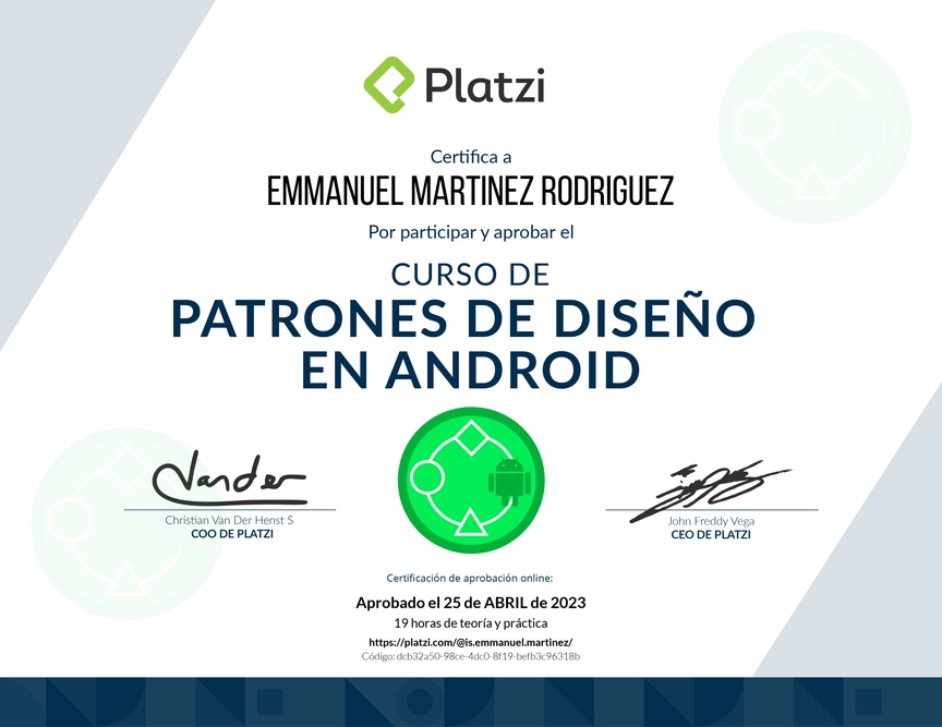 Diploma del Curso de Patrones de Diseño en Android