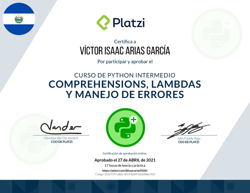 Diploma del Curso de Python Intermedio: Comprehensions, Lambdas y Manejo de Errores