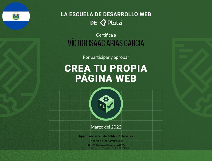 Diploma de Diploma del #PlatziChallenge: Crea tu Primera Página web 2022
