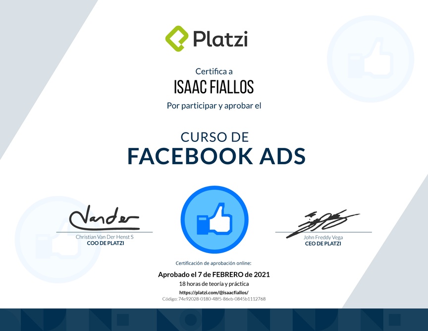 Diploma del Curso de Facebook Ads 2020