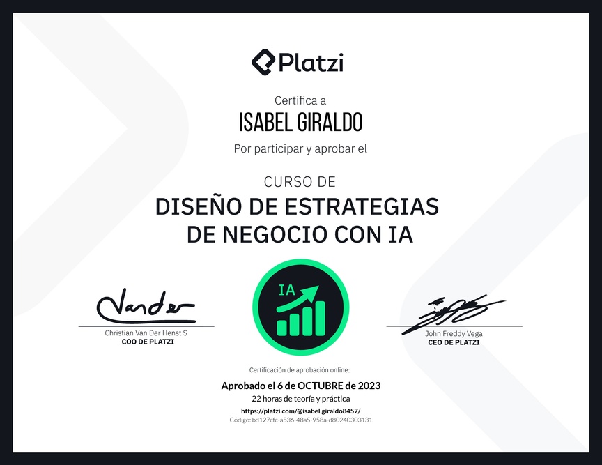 Diploma del Curso de Diseño de Estrategias de Negocio con Inteligencia Artificial: Optimización y Personalización