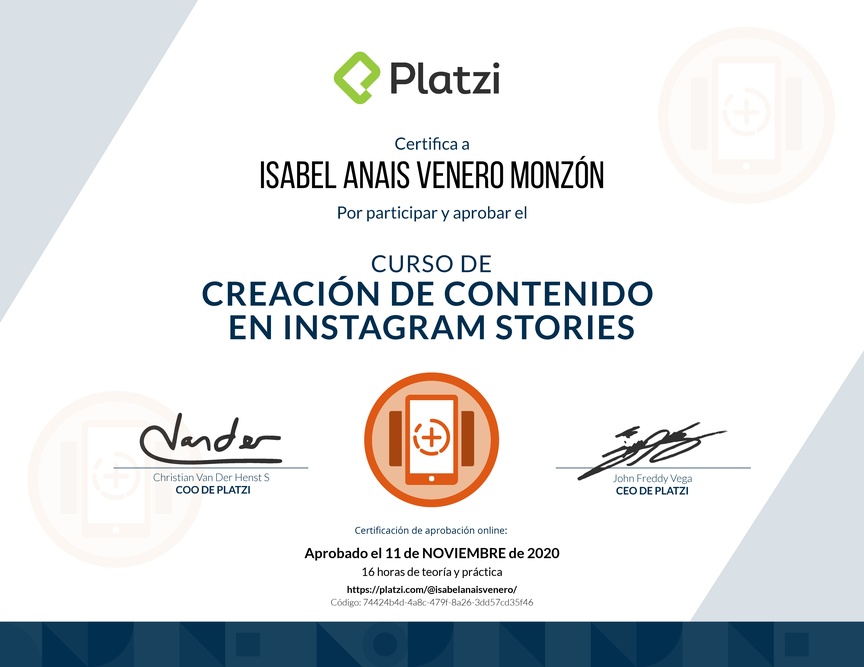 Diploma del Curso de Diseño y Edición de Instagram Stories