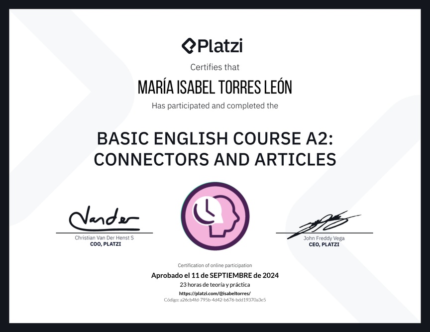 Diploma del Curso de Inglés Básico A2: Conectores y Artículos