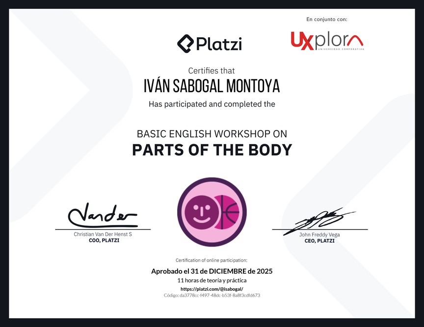 Diploma del Curso de Inglés Práctico sobre las Partes del Cuerpo