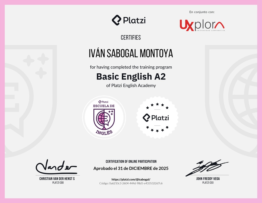 Diploma de la Ruta de Aprendizaje de Inglés Básico A2