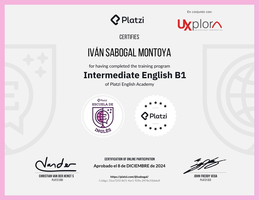 Diploma de la Ruta de Aprendizaje de Inglés Intermedio B1