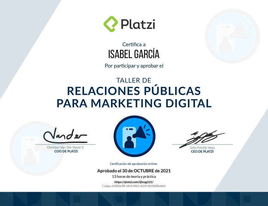 Diploma de Taller de Relaciones Públicas para Marketing Digital