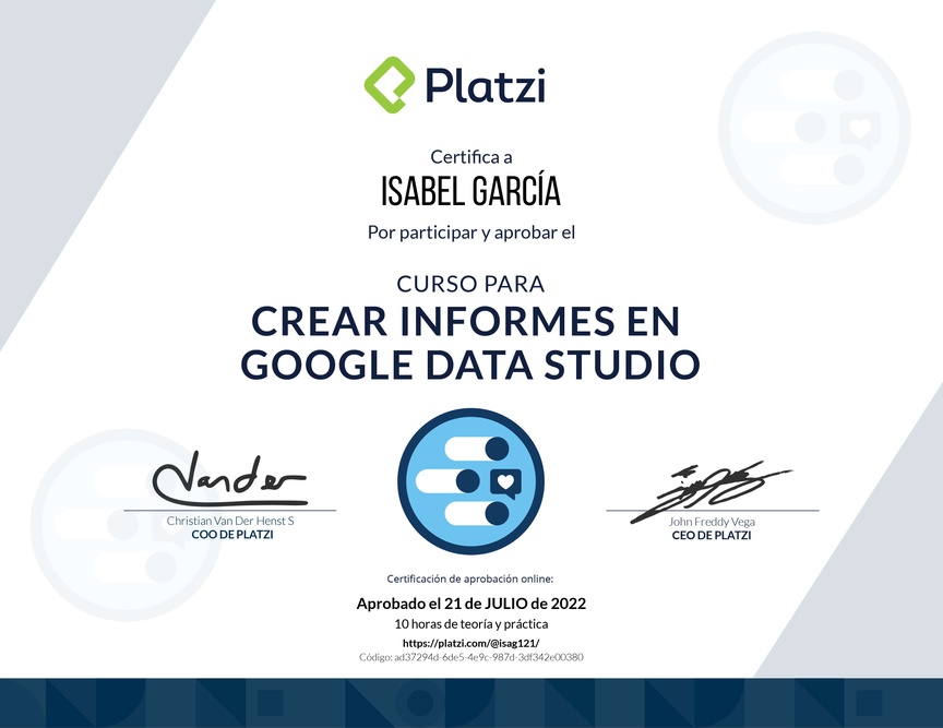 Diploma del Curso para Crear Informes de Redes Sociales con Google Data Studio