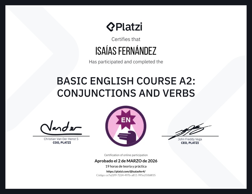 Diploma del Curso de Inglés Básico A2: Conjunciones y Verbos