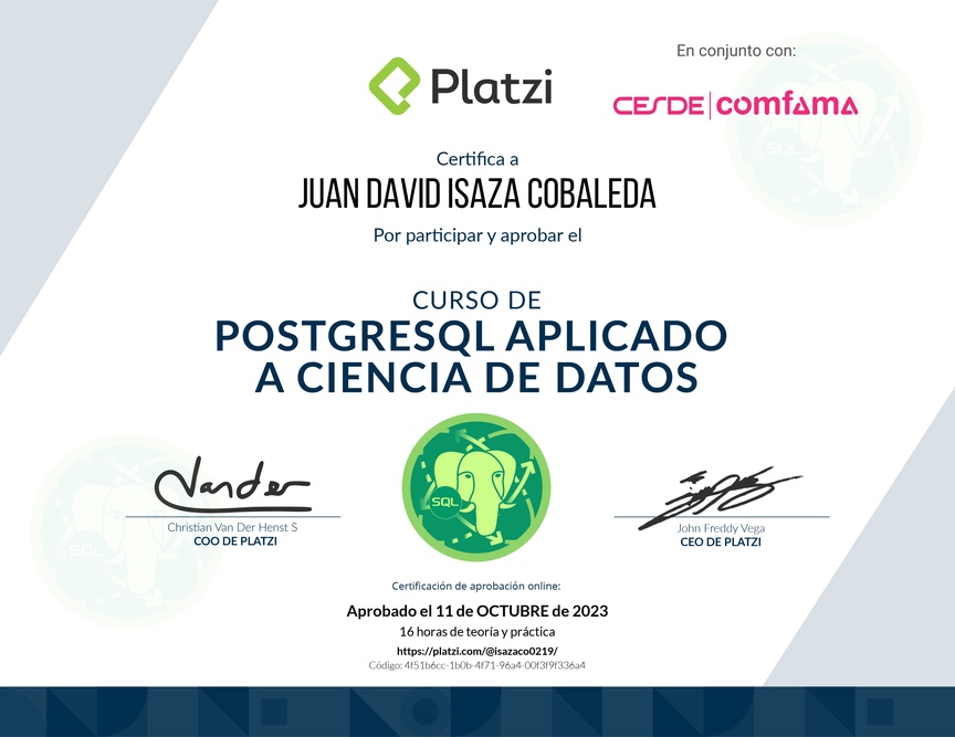 Diploma del Curso de PostgreSQL Aplicado a Ciencia de Datos