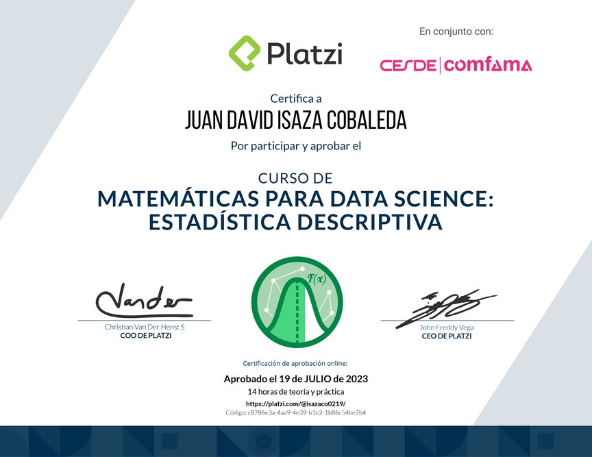 Diploma del Curso de Matemáticas para Data Science: Estadística Descriptiva