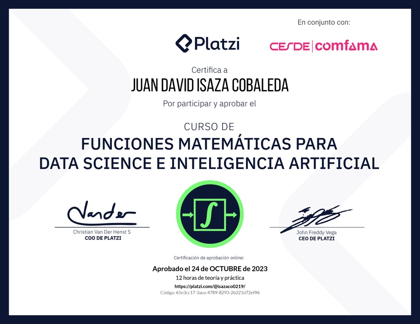 Diploma del Curso de Funciones Matemáticas para Data Science e Inteligencia Artificial