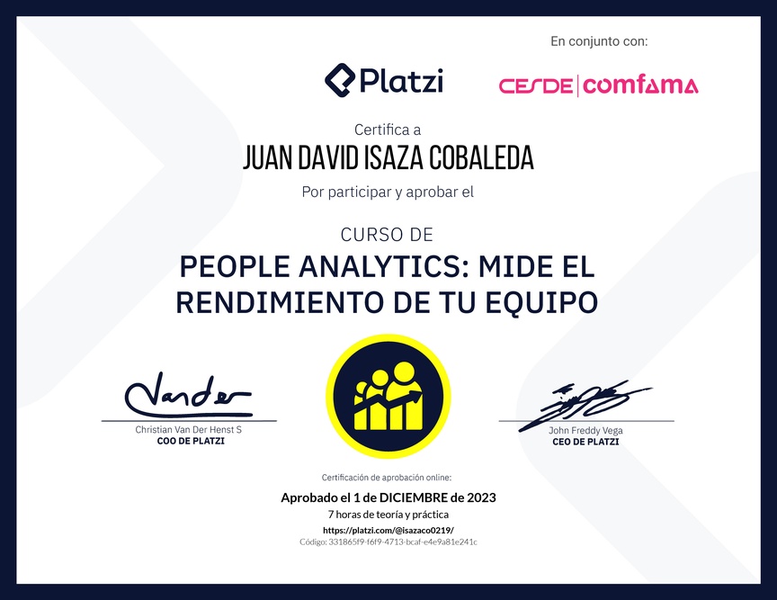 Diploma del Curso de People Analytics: Mide el Rendimiento de tu Equipo