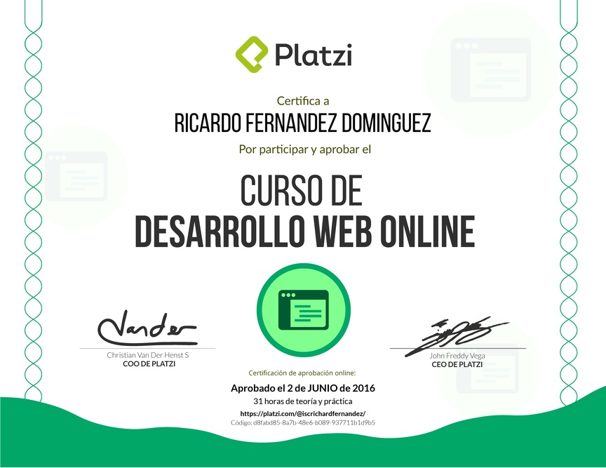 Diploma del Curso de Desarrollo Web Online 2016