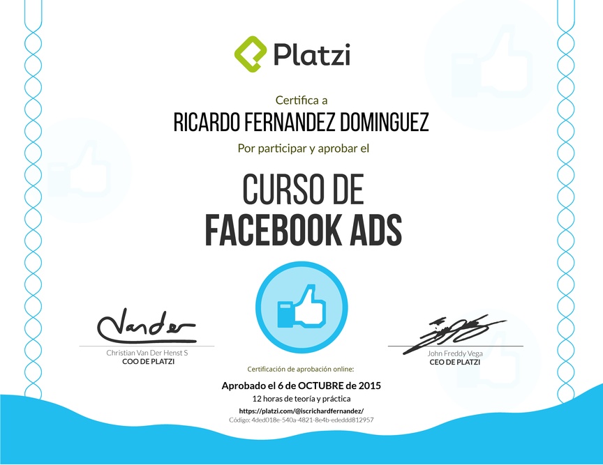 Diploma del Curso de Facebook Ads 2015
