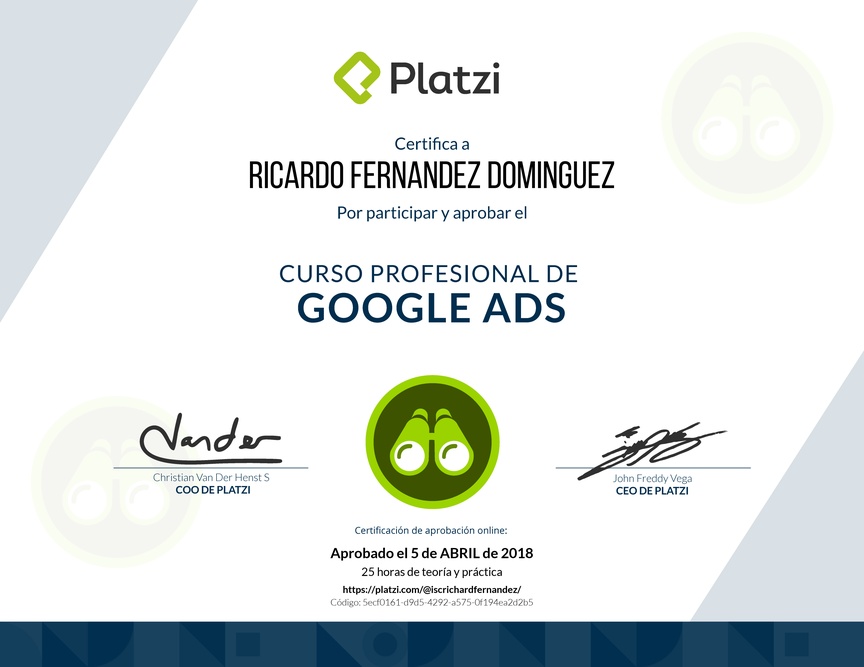 Diploma del Curso Profesional de Google Ads 2017