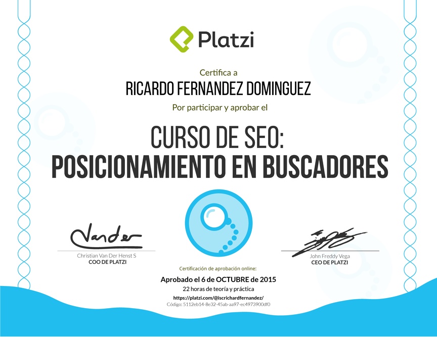 Diploma del Curso de SEO: Posicionamiento en buscadores 2016