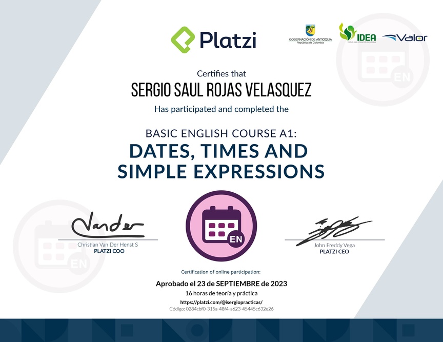 Diploma del Curso de Inglés Básico A1: Fechas, Horas y Expresiones Simples